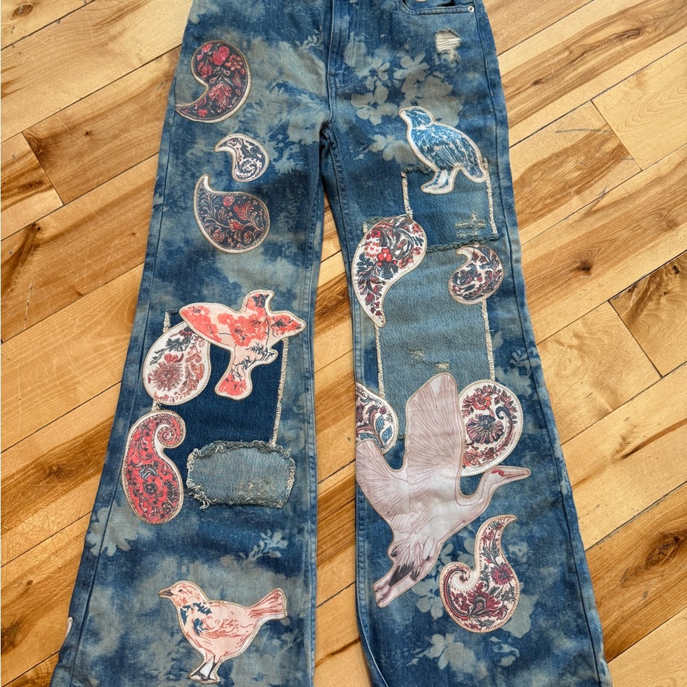 Paisley Print Wide-Leg Women’s Jeans - Blue - Picture 3 of 6